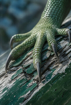 Close-up of a green iguana foot with sharp claws gripping a weathered wooden park bench. Detailed macro photography of reptile scales and peeling paint texture