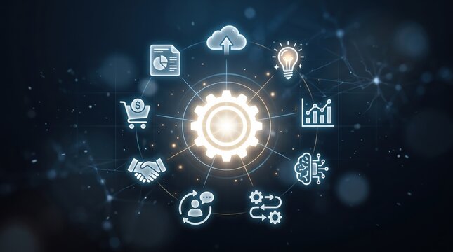 Futuristic digital transformation with glowing gear center, connecting cloud computing, artificial intelligence brain, data analytics charts, ecommerce shopping cart