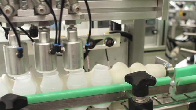 Automated liquid filling nozzles capping plastic bottles in plant
