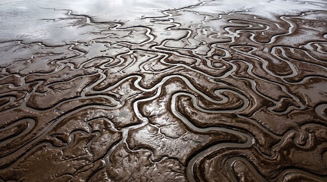 Intricate Mudflats and Winding Water Channels at Low Tide