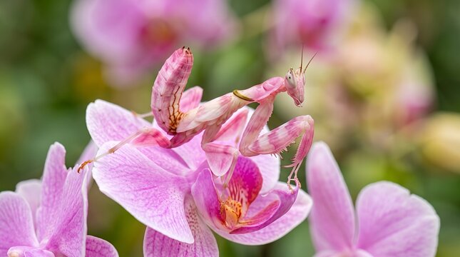 Pink Orchid Mantis Blending Perfectly with Delicate Flowers