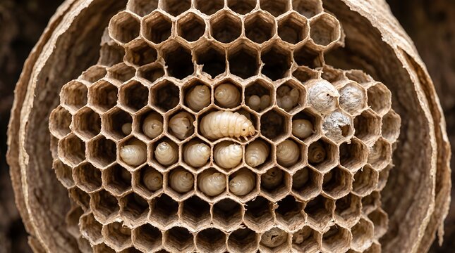Close-up of a Wasp Nest with Larvae and Pupae