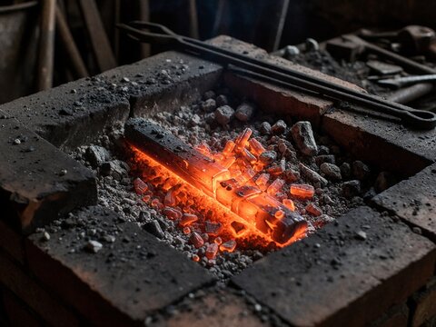 Glowing Hot Iron Bar in Blacksmith Forge
