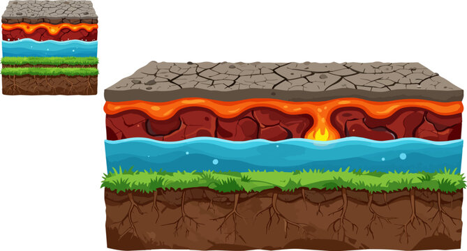 Geological soil layers cross section, underground earth strata with lava and water, cartoon soil profile vector for education