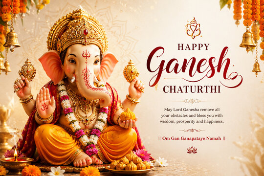 Happy Ganesh Chaturthi Celebration with Lord Ganesha, Modak and Diya Lamps