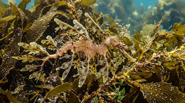 Leafy Sea Dragon Camouflaged Among Underwater Kelp Forest