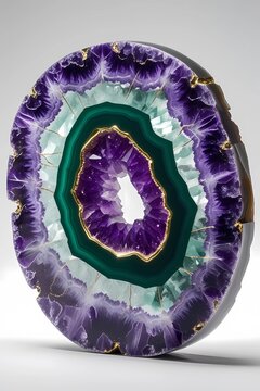 Oval green and purple agate geode with gold accents