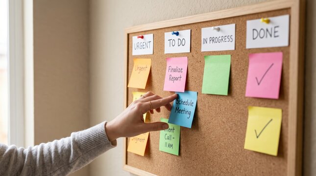 Hand moving sticky note on corkboard kanban system, organizing urgent tasks to do list, project management workflow, productivity, business planning, office organization