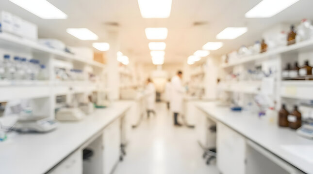 Blurred perspective of scientific laboratory workstations.