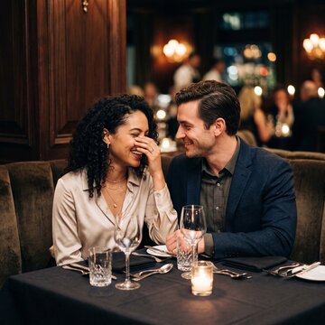 Happy young couple laughing and enjoying a romantic dinner date at a luxury fine dining restaurant