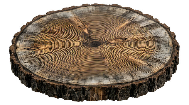 Round wooden log slice with natural bark edge isolated on white background