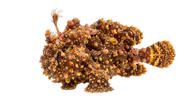 Striated frogfish with textured brown skin, exotic hairy frogfish marine life, bumpy anglerfish predator for ocean biology isolated PNG with Transparent Background