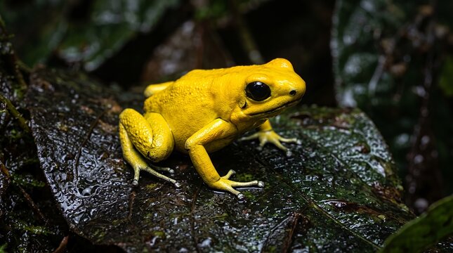 Vibrant Golden Poison Frog on Wet Leaf in Rainforest