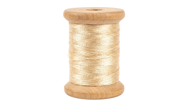 Vintage wooden spool with gold silk thread, antique sewing bobbin for embroidery, rustic haberdashery supplies for craft projects isolated PNG with Transparent Background