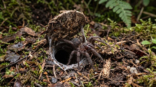 Trapdoor Spider Emerging from its Silken Lined Burrow