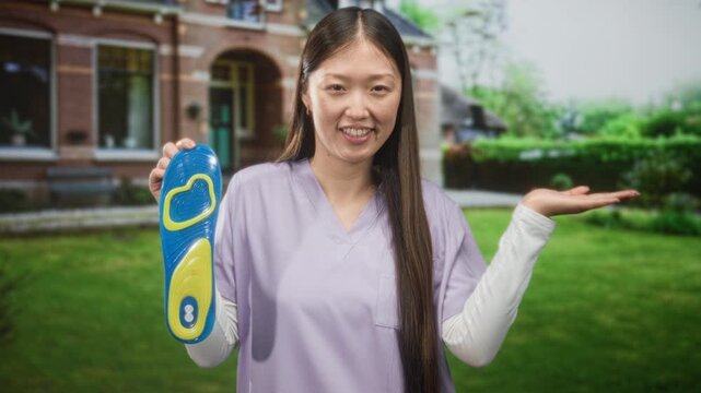 Young woman doctor holds a blue and yellow insole with right hand and presents open left palm while smiling in front of building; comfort care.
