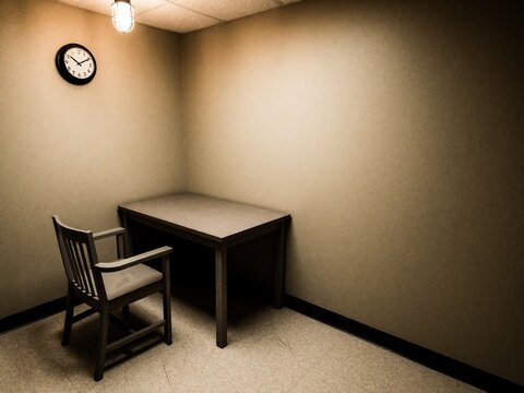 Empty interrogation room with table, chair, and wall clock