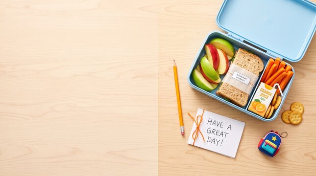 Back to school lunch box flat lay with healthy snacks, sandwich, apple slices, carrot sticks and juice, colorful school essentials on wooden surface with clean white copy space
