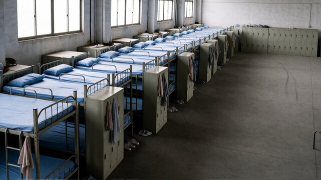 Empty dormitory room with rows of metal bunk beds