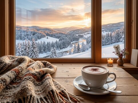 Cozy winter morning with hot coffee by window