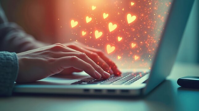 Primer plano de unos dedos escribiendo r&aacute;pidamente en una laptop mientras un flujo de s&iacute;mbolos con forma de coraz&oacute;n se eleva desde la pantalla