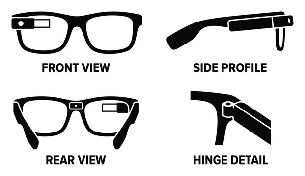 Smart glasses front side rear and hinge detail icons black silhouette on white background for technology.