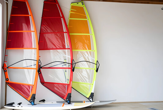 Colorful windsurf sails and boards in retail store