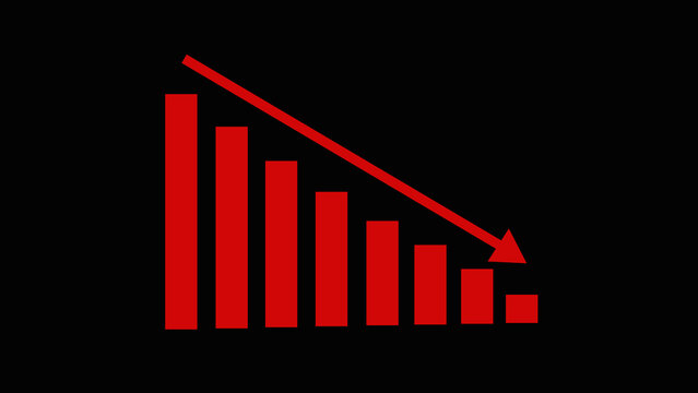 Falling bar graph indicates financial downturn and shrinking revenues. Downward bar graph tracks corporate losses. Modern bar graph graphic for economic reviews.
