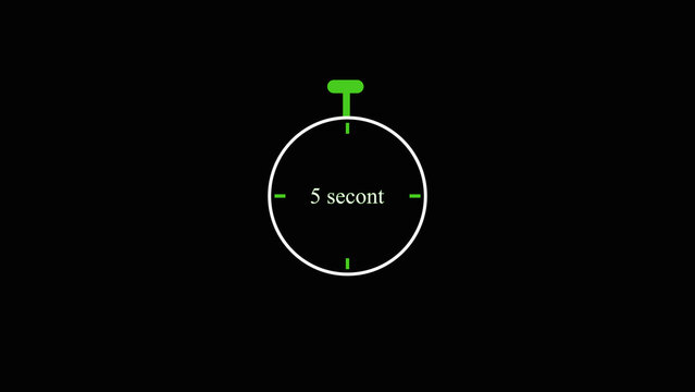 Minimal stopwatch timer displays quick 5 second countdown duration. Clear stopwatch timer measures sports speed. Modern stopwatch timer graphic for sports clips.