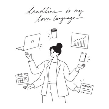 Busy professional juggling a laptop, smartphone, calendar and deadline notes, humorously showing the chaos of multitasking.