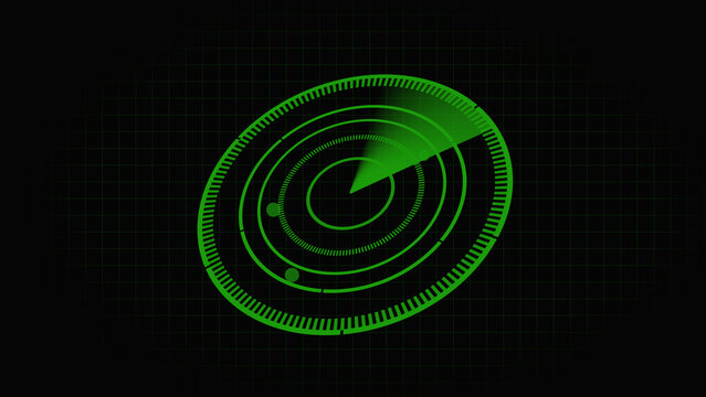 Digital radar screen tracks two coordinates with sweeping beam line. Advanced radar screen identifies positions. High tech radar screen graphic for scifi telemetry.