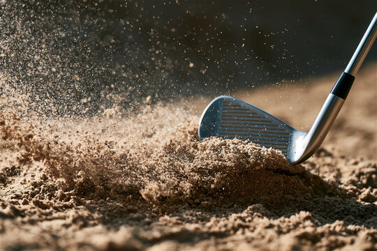 Close-up of a golf club's grooved face with sand splashing from a bunker shot, bright midday sun, dynamic action composition with sand particles, dramatic mood. AI gen