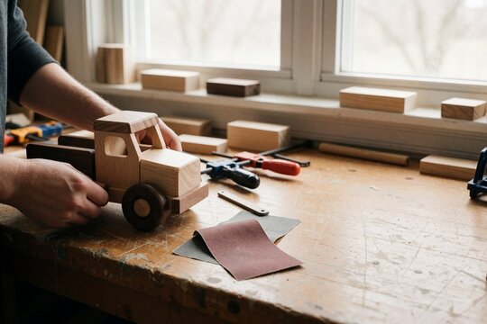 Hands assembling a handmade wooden toy truck