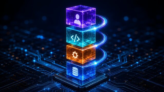 Software development system architecture with stacked digital cubes showing user profile coding interface and database icons