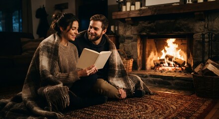Obraz premium Young Couple Reading Together by Cozy Fireplace, Autumn Lifestyle and Wellness Concept