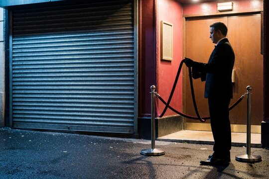 Doorman untying velvet rope barrier outside venue entrance