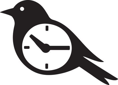 Bird silhouette with clock face in black against a transparent background.