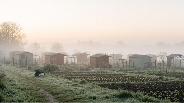 Misty sunrise over community allotment gardens with sheds