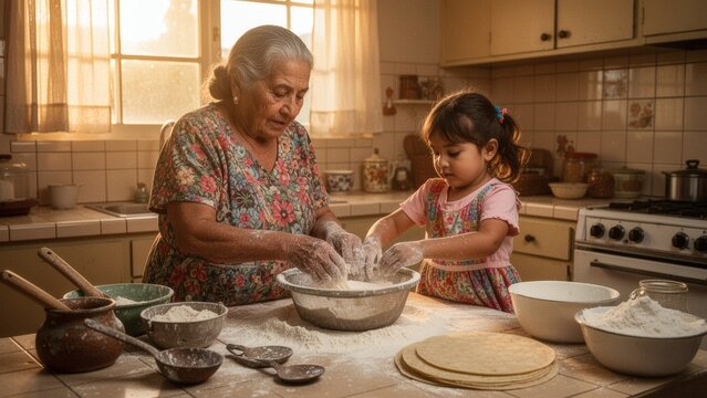 Hispanic Grandmother and Granddaughter Baking Tortillas in Sunlit Kitchen Lifestyle Photography Banner