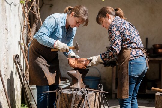 Two women working with copper bowl in a blacksmith workshop