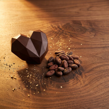 Valentine 291 Faceted Heart Shaped Dark Chocolate with Cocoa Beans and Gold Dust on Wooden Surface（木目調の表面に置かれた多面体カットのハート型ダークチョコレートとカカオ豆と金箔）