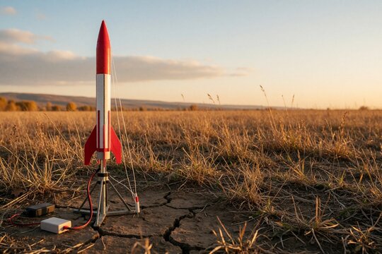 Model rocket on a launch pad in a dry field at sunset