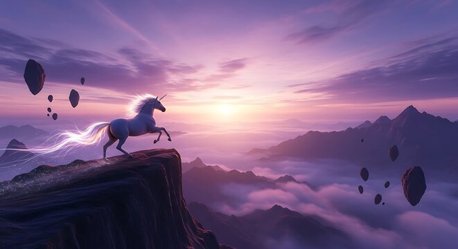 Majestic horse on mountain cliff edge.