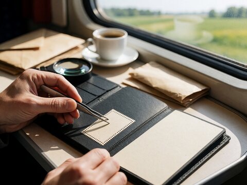 Hands sorting stamps on a train