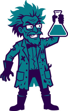Mad scientist character illustration holding a laboratory flask for chemical experiments and science research projects