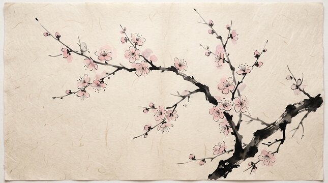 Traditional Asian ink wash painting of blooming pink cherry blossom branches on textured beige rice paper, Oriental Sumi-e style sakura background, generative AI