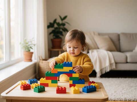 Toddler playing with colorful building blocks at home
