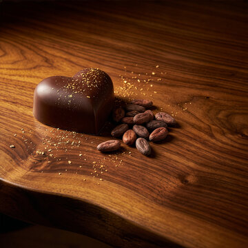 Valentine 292 Heart Shaped Smooth Dark Chocolate with Gold Dust and Cocoa Beans on Wooden Surface（木目調の表面に置かれた金箔がかかった滑らかなハート型ダークチョコレートとカカオ豆）