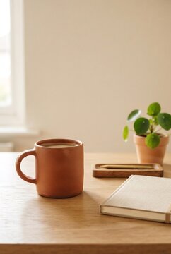 Minimalist Desk Workspace with Ceramic Mug and Notebook, Productivity and Remote Work Concept