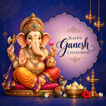 Colorful ganesha illustration with lotus flower modak sweets sacred mouse and festive lamps for ganesh chaturthi and lord ganesha puja celebration background